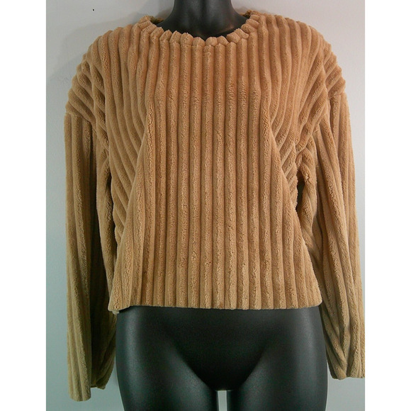 Zara Puffed Women's Brown Crop Ribbed Knit Long Sleeve Sweater Small - Picture 1 of 4